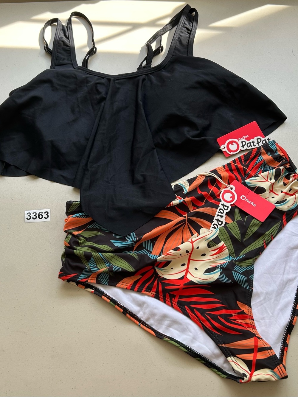 Pat Pat Tankini Bikini Set Medium Black Tropical  Tummy Control New